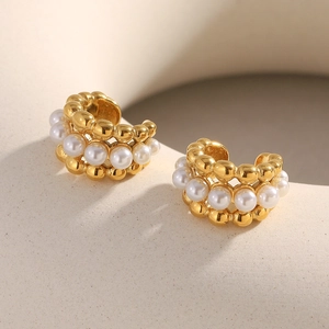 C-Shaped Ear Cuffs Stainless Steel 18K Gold Plated Imitation Artificial Pearl Multi-Layer Non-Piercing Ear Clips For Women