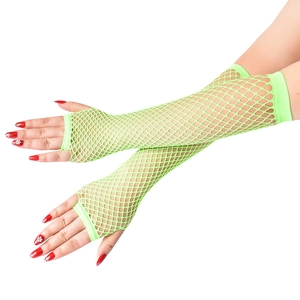 Detail of neon green long fishnet gloves with fingerless design for party and festival wear