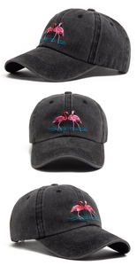 Detailed three-view shots of dark gray washed cotton baseball cap with flamingo embroidery