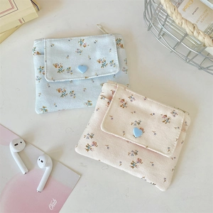 Porte-cartes en toile florale et pochette d'écouteurs avec bouton cœur bleu et zip