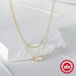 Double-layered S925 sterling silver necklace with a rectangular zircon pendant in gold finish