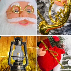 Close-up of Santa doll facial details, vintage lantern and red gift bag textures