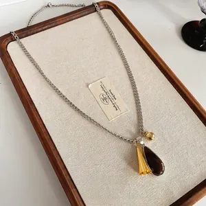 Retro Teardrop Pendant Necklace With Titanium Steel Alloy And Resin Long Mixed Color Chain Fashion For Women