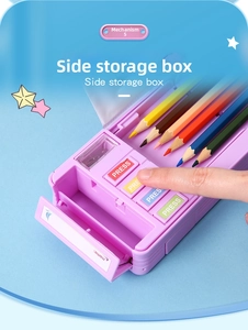 Detail of the side storage box and push buttons on the pink multifunctional pencil case