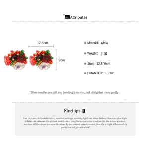 Detailed spec sheet showing 12.5cm handmade glass flower beaded earrings weighing 8.2g