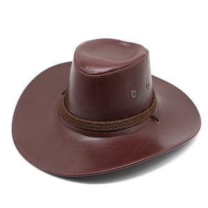 Deep red-brown faux leather western cowboy hat with woven cord trim on white background