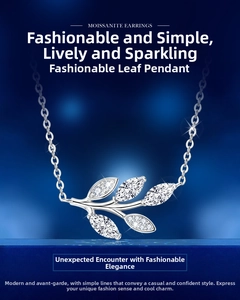 Macro view of leaf-shaped moissanite pendant with marquise-cut stones in S925 silver
