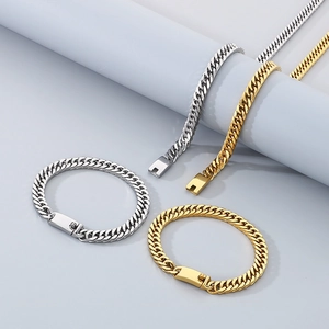 Polished titanium steel Cuban chain jewelry set in gold and silver finishes