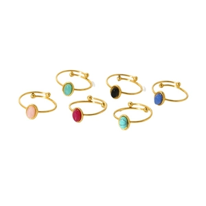 Adjustable 18K gold plated stainless steel rings with colorful natural oval stones