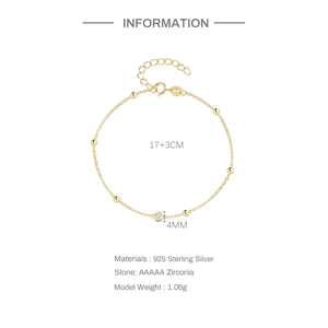 Close-up of S925 sterling silver gold chain bracelet with beads and 4mm AAAAA zirconia