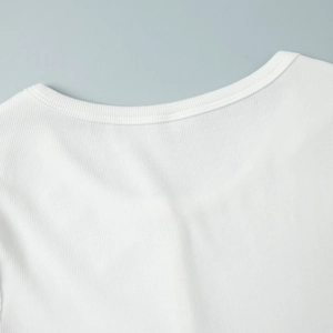 Close-up of the round neckline and ribbed texture on this white long sleeve cardigan