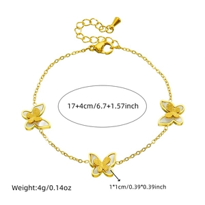 Gold butterfly pendant bracelet with mother-of-pearl inlay and sizing details
