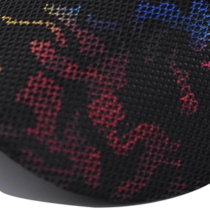 Close-up of breathable mesh fabric featuring a vibrant rainbow M logo embroidery.