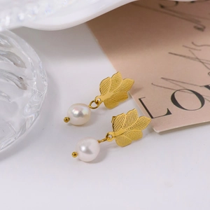French Vintage Titanium Steel Five Leaf Drop Earrings With Natural Freshwater Pearl Gold Botanical Leaf Jewelry For Women