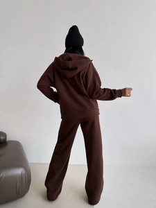 Women's dark coffee hooded sweatshirt and high waist joggers two-piece lounge set