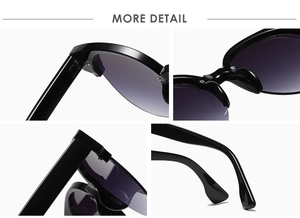Detail shots of black cat-eye sunglasses with purple gradient lenses and metal accents