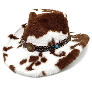 Close-up of cow print felt cowboy hat with leather band and turquoise bead details