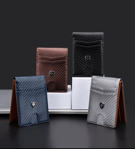 Slim RFID carbon fiber wallets for men in black, grey, blue, and brown displayed on cubes