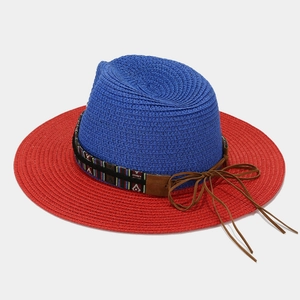 Ethnic straw Panama sun hat with bull-head ornament and red-blue contrast weaving