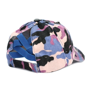 Women's distressed camo ponytail baseball cap with pink and blue camouflage patterns