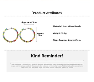 Detail view of colorful glass beaded hoop earrings measuring 5cm by 4.5cm