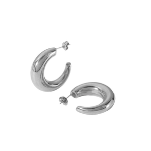 Polished silver chunky C-shaped hoop earrings in minimalist 18K gold stainless steel style
