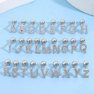 Silver A-Z alphabet cartilage studs with sparkling zircon stones in a full set