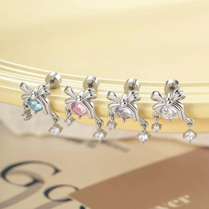 Bowknot Dangle Stud Earrings Titanium Steel Cubic Zirconia Helix Piercing Screw Back Sweet Jewelry For Women