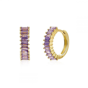 Bohemian gold hoop earrings with baguette cut purple zircon crystals in a claw setting