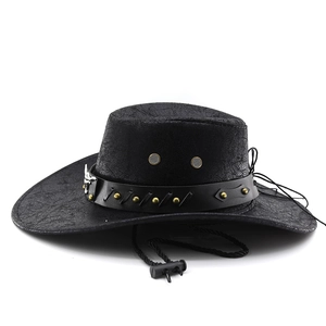 Detail of black PU leather cowboy hat featuring metallic bull head and rivet band