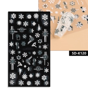 Detailed 5D embossed nail stickers featuring white snowflakes and reindeer designs
