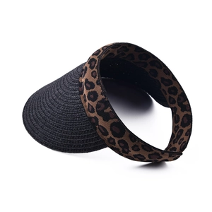 Leopard print headband and black straw woven visor hat for summer outdoor sun protection