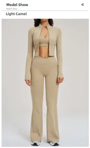 Completo yoga 3 pezzi color cammello con giacca zip, reggiseno e pantaloni flare