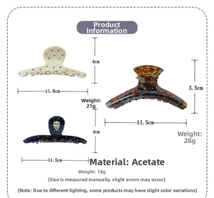 Detailed size and weight chart for 11.5cm acetate hair claws in various patterns