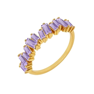 Detail of 18k gold plated ring featuring staggered purple baguette-cut cubic zirconia