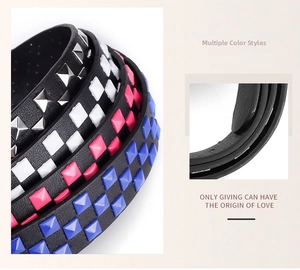 Vue détaillée des ceintures punk avec clous pyramides colorés sur cuir noir