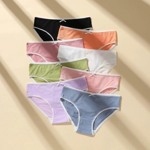 Women Panties Briefs Ribbed Polyester With Lace Trim Bow Breathable Cotton Crotch Lingerie Underwear