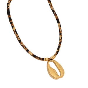 Leopard print fabric cord necklace with a golden metallic seashell pendant on white background