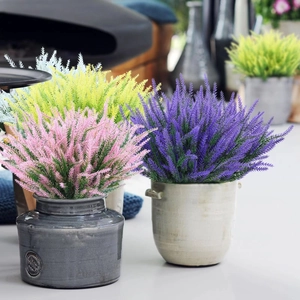 Artificial lavender potted plants in ceramic vases for rustic home decor accents