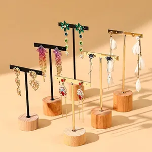 Three-piece wooden base T-bar earring display stand set with gold and black metal hangers