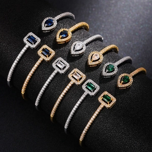 Copper Cubic Zirconia Open Bangle Bracelet Adjustable Inlaid Rhinestone Elegant Pear And Rectangular Stone Jewelry