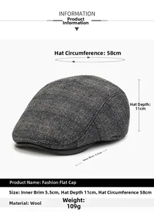 Detaillierte Größentabelle für graue Retro-Schiebermütze mit Maßen und Wollmaterial-Info