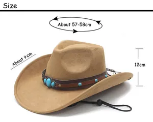 Size chart showing 57-58cm head circumference for the khaki suede cowboy hat