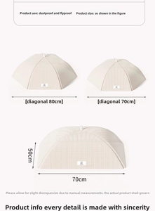 Foldable mesh food cover showing detailed dimension specs of 70cm and 80cm sizes