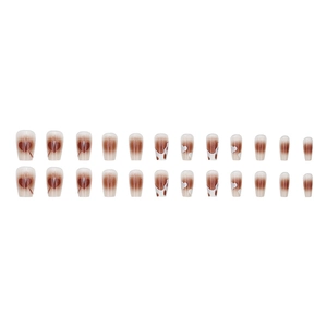 24 faux ongles longs avec dégradé mocha motif cœur et finition brillante élégante