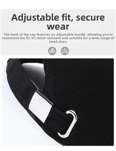 Detail of adjustable metal buckle on black baseball cap for a custom secure fit