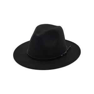 Classic black wool felt fedora hat with flat wide brim and leather metal buckle band