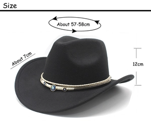 Size measurements for black wool felt western cowboy hat featuring blue eye ornament