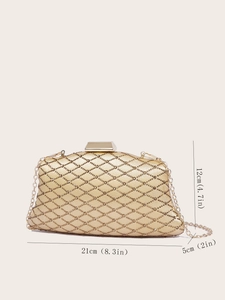 Elegant gold rhinestone evening clutch bag with satin finish and chain strap, 21x12x5cm