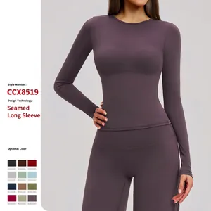 Women Slim Fit Long Sleeve Yoga Top Brushed High Elastic Workout Shirt Solid Color Crew Neck Gym Athletic T-Shirt